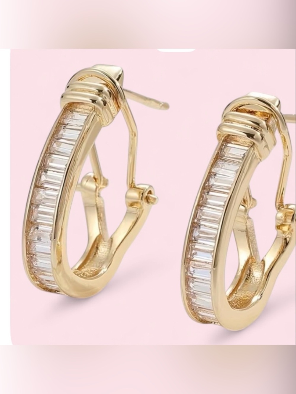 Gold Hoop Earrings with Baguette-Cut Clear Stones - Women Jewelry